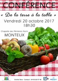 Conférence De la terre à la table. Le vendredi 20 octobre 2017 à Monteux. Vaucluse.  18H30